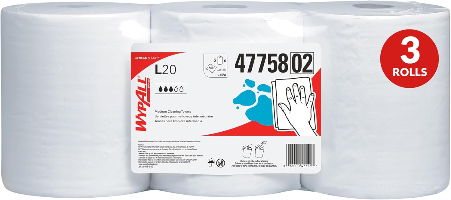 WypAll GeneralClean L20 Cloths Medium Cleaning Wipes (47758), Center-Pull Towels, Bulk Paper Wipers, White (550 Sheets/Roll, 3 Rolls, 1,650 Sheet Total)