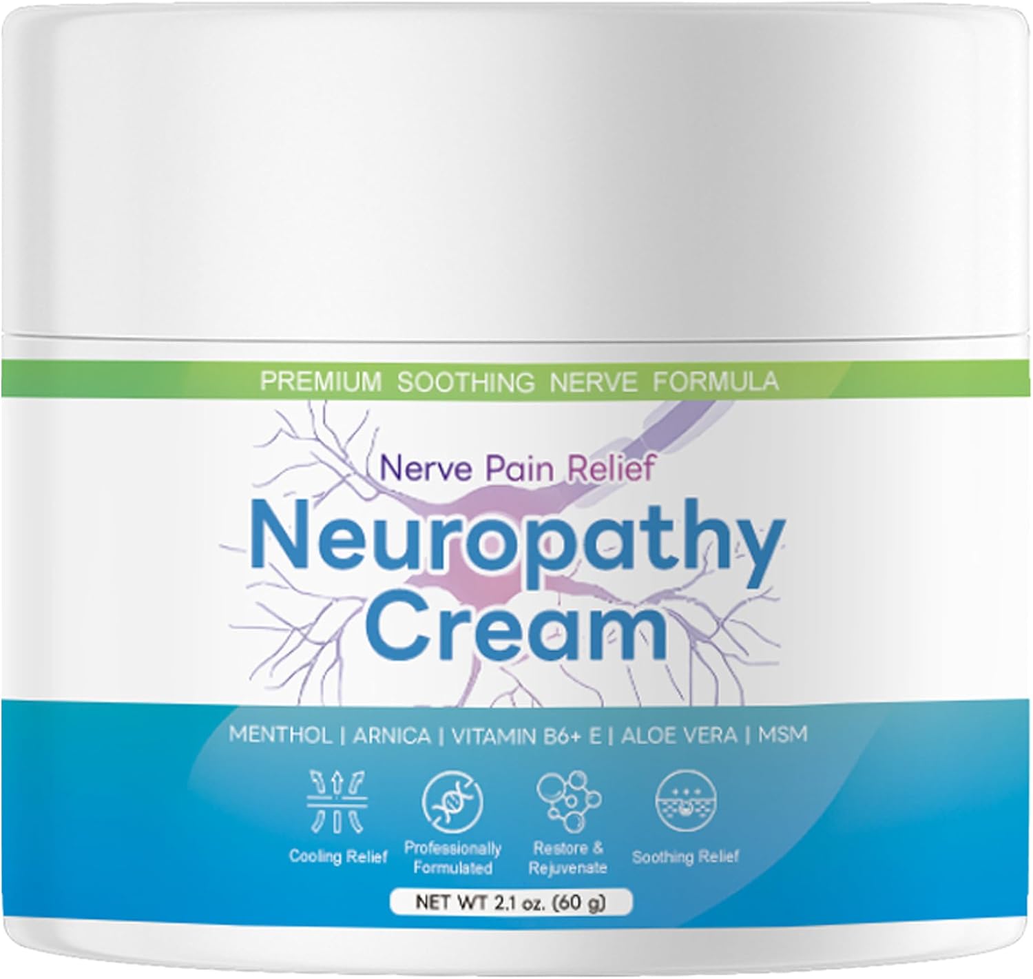 Neuropathy Pain Relief for Feet & Hands, Nerve Pain Relief Cream – Maximum Strength Neuropathy Cream with Menthol, Arnica, Vitamin B6+E, Aloe Vera & MSM – Fast-Acting (2.1 Fl Oz (Pack of 1))