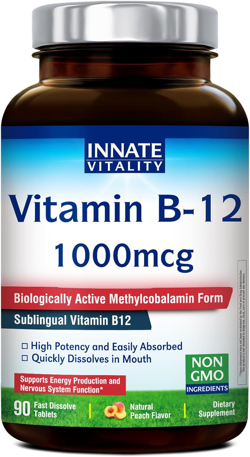 Innate Vitality Vitamin B12 1000mcg, Sublingual Methylcobalamin, for Energy Metabolism, Mental Clarity, Nervous System Health, Peach Flavor, Zero Sugar, 90 Fast Dissolve Tablets