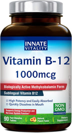 Innate Vitality Vitamin B12 1000mcg, Sublingual Methylcobalamin, for Energy Metabolism, Mental Clarity, Nervous System Health, Peach Flavor, Zero Sugar, 90 Fast Dissolve Tablets