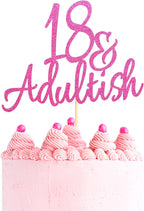 18 & Adult-ish Cake Topper, 18 and Adultish Cake Pick, Time to Adult/Eighteen Birthday Cake Decor, Happy 18th Birthday Party Decoration Supplies - Pink Glitter