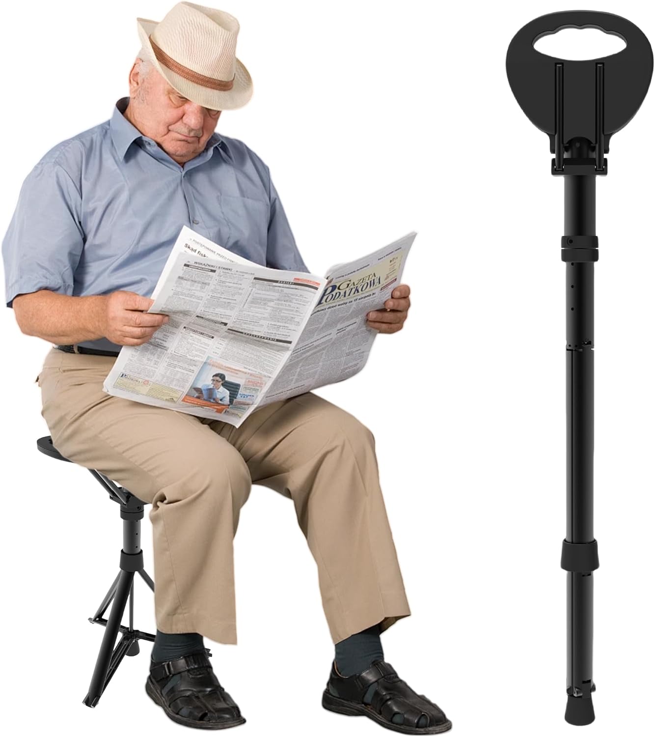 Walking Cane with Seat 34"-37" Adjustable Walking Stick Holds 550lbs Folding Chair Seat Portable Lightweight Aluminum Mobility Aid with Carry Bag for Elderly Handicap Waiting/Queuing/Fishing