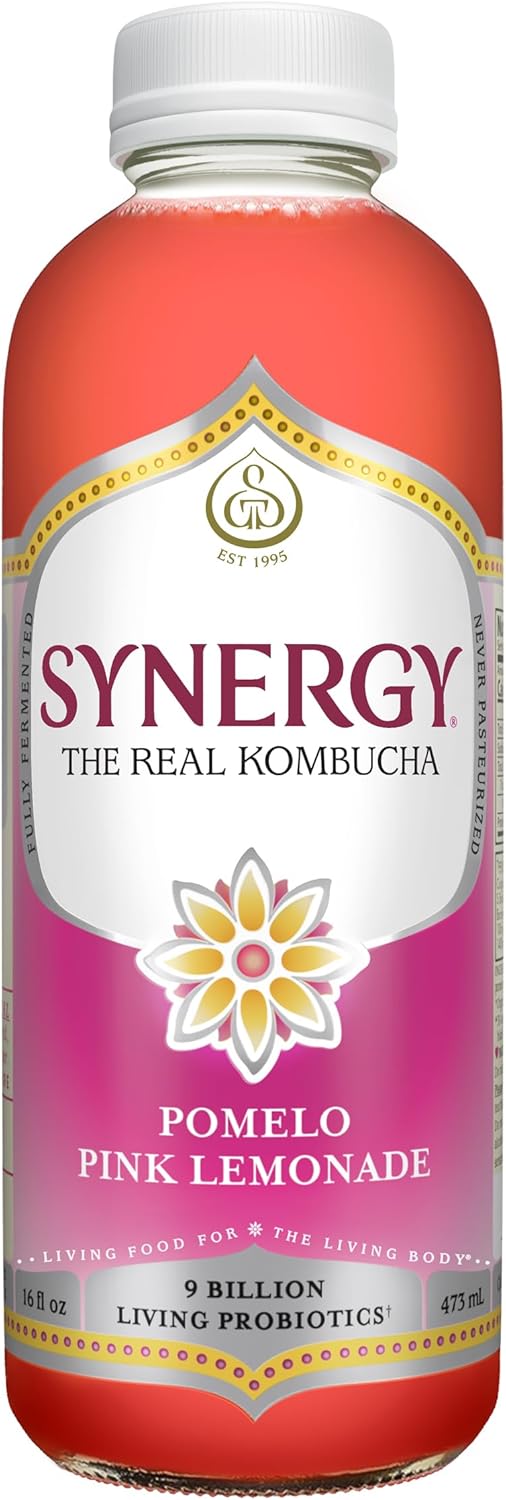 SYNERGY The Real Kombucha - Pomelo Pink Lemonade - 16 fl oz Bottle - Raw Probiotic Drink for Gut Health and Immune Support