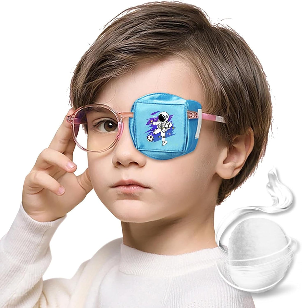 Eye Patches for Kids Glasses, Reusable Silk Eye Patch for Lazy Eye, Ambliopia Orthoptic Patches for Boys and Girls, Left Right Eye Cover for Toddler Children(Blue Astronaut, Left)