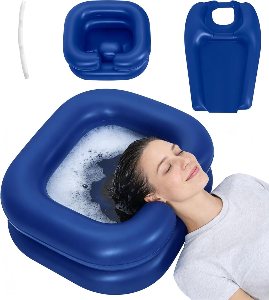 2-in-1 Inflatable Shampoo Basin with Bib & Drain Hose - Portable Hair Washing Station for Bedridden, Elderly & Kids - Deep Blow Up Shampoo Bowl for Locs Detox Tub, ACV Rinse & Home Sink