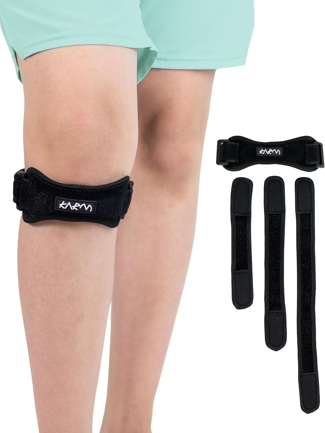 KARM Kids Knee Brace Strap - Osgood Schlatter Knee Brace Youth for Kids, Child - Patellar Tendon Support Patella Band for Pain, Sports, Basketball with 3 Length Adjustable Straps (Single, Black)