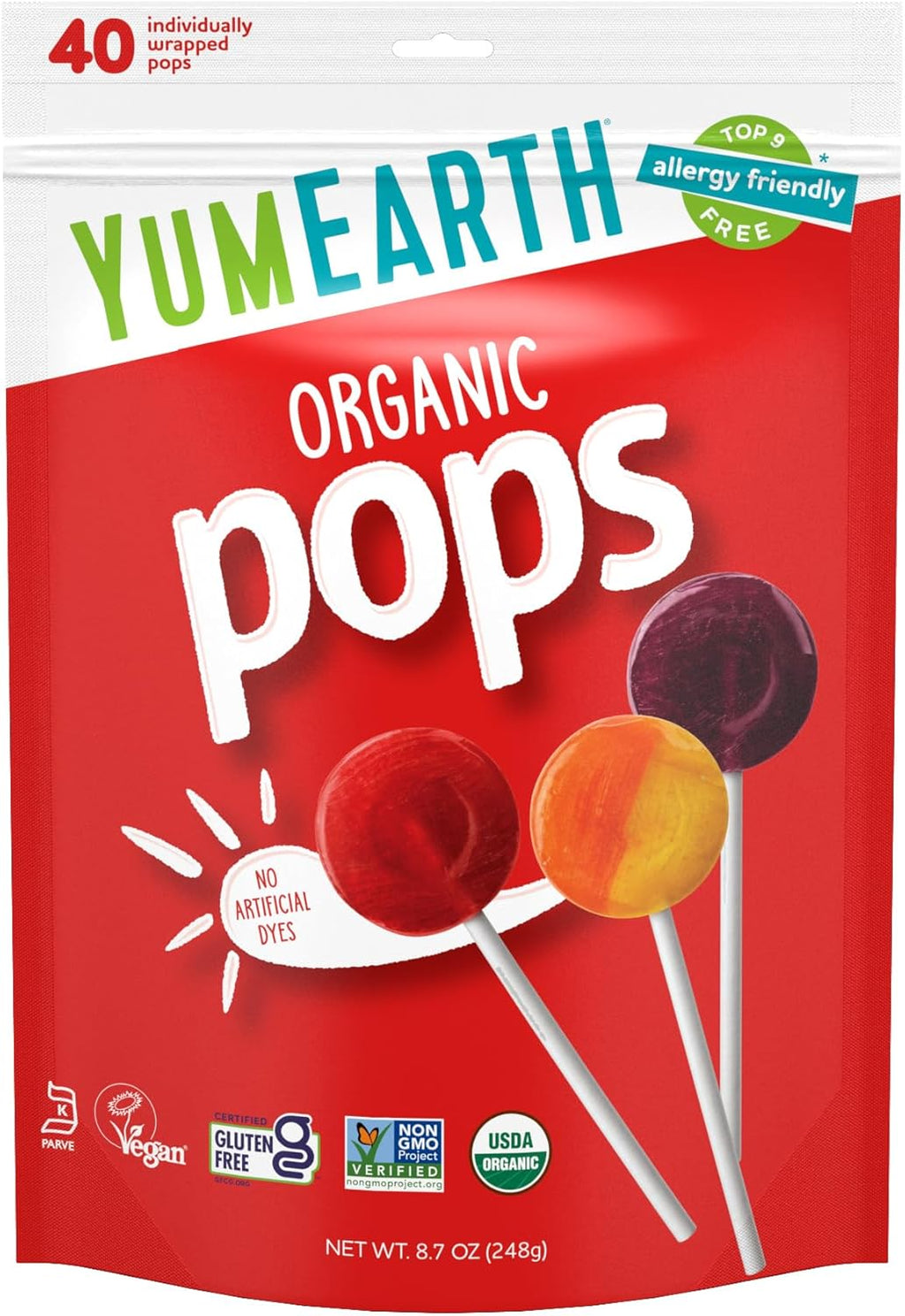 YumEarth Organic Pops Variety Pack, 40 Fruit Flavored Favorites Lollipops, Allergy Friendly, Gluten Free, Non-GMO, Vegan, No Artificial Flavors or Dyes