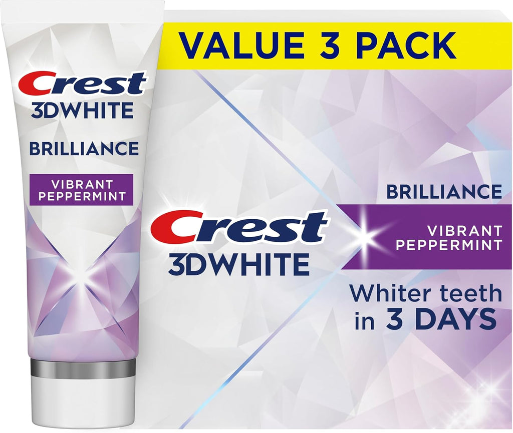 Crest 3D White Brilliance Vibrant Peppermint Teeth Whitening Toothpaste, 4.6 oz Pack of 3, Anticavity Fluoride Toothpaste, 100% More Surface Stain Removal, 24 Hour Active Stain Prevention