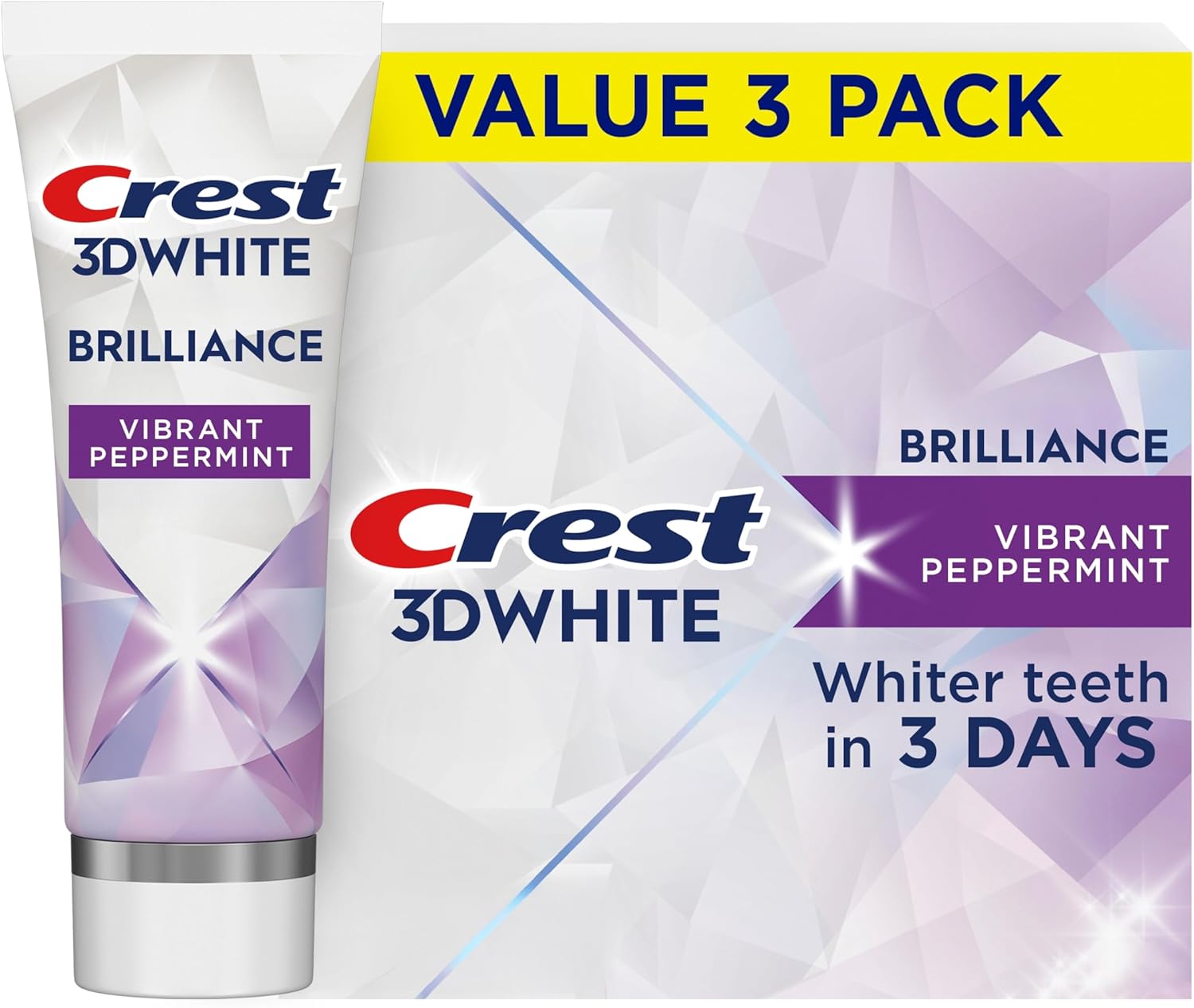 Crest 3D White Brilliance Vibrant Peppermint Teeth Whitening Toothpaste, 4.6 oz Pack of 3, Anticavity Fluoride Toothpaste, 100% More Surface Stain Removal, 24 Hour Active Stain Prevention