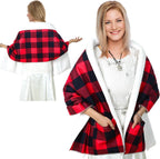 Jiuguva Warm Shawl Wrap for Women Red Black Plaid Christmas Grandma Gift Elderly Winter Shawl with Front Pocket for Senior