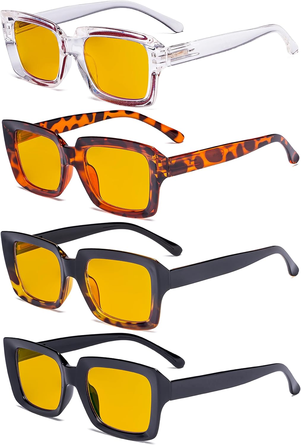 Eyekepper 4 Pack Reading Glasses Blue Light Blocking Oversized Square Computer Readers Amber Tinted +1.00