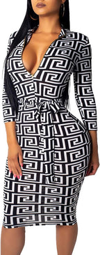 Women Sexy Dresses Bodycon Church 3/4 Sleeve African Print Pencil Party Office Dress Work with Split
