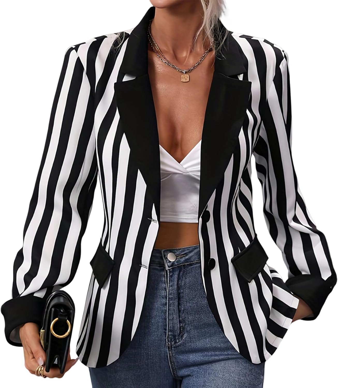 ABEHIK Women's Black White Stripes Blazers Button Long Sleeve Jacket with Padded Shoulder Halloween Costume Business Blazer
