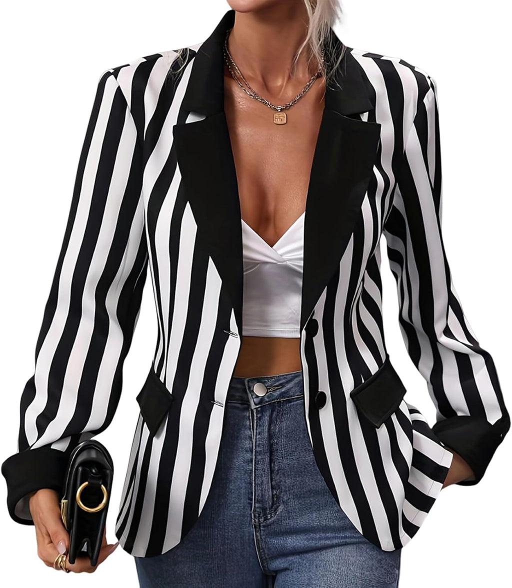 OBEEII Womens Black and White Striped Blazer Long Sleeve Single-Breasted Button Vertical Striped Blazer Office Work Jacket