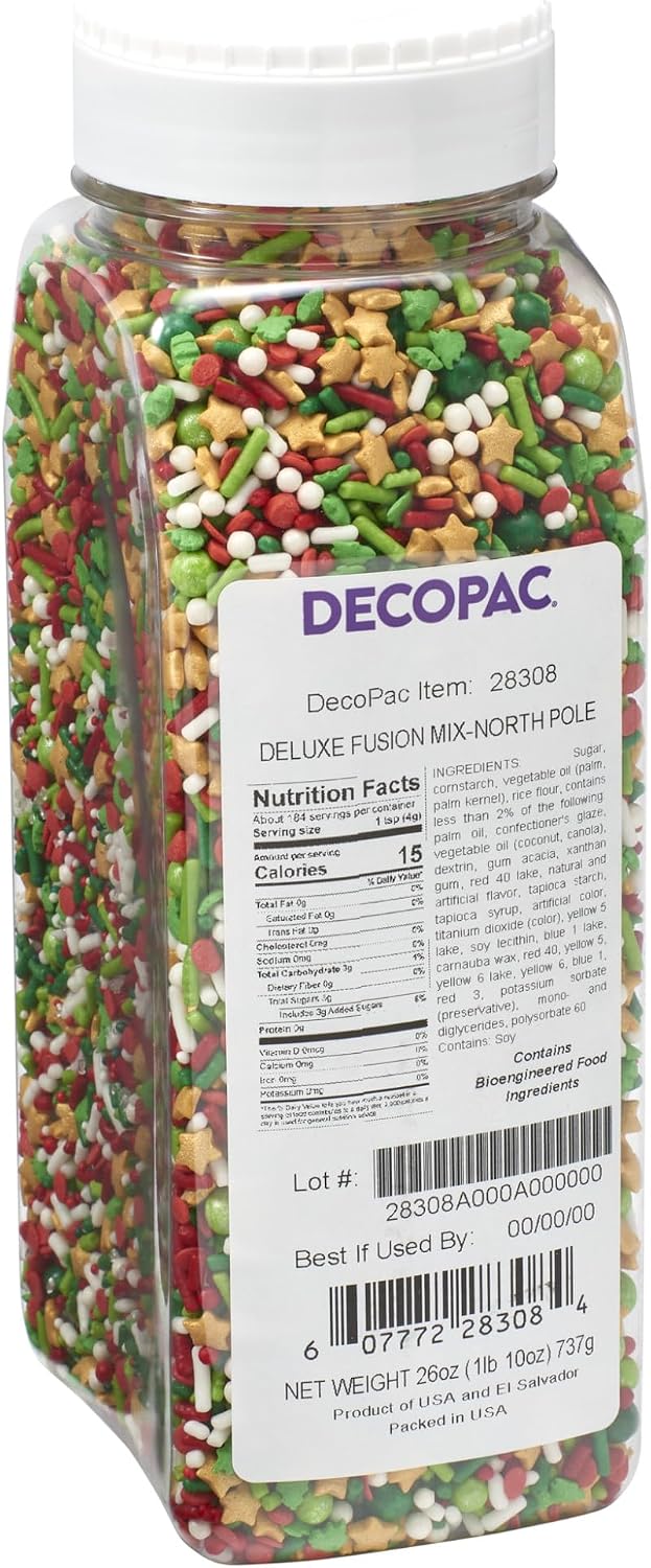 DECOPAC North Pole Fusion Mix Candy Sprinkles, 26oz, Fancy Christmas Gold Stars, Green Trees, Red Berries, Edible Festive Sprinkles For Celebration Cakes, Cupcakes, Cookies & Donuts (28308)