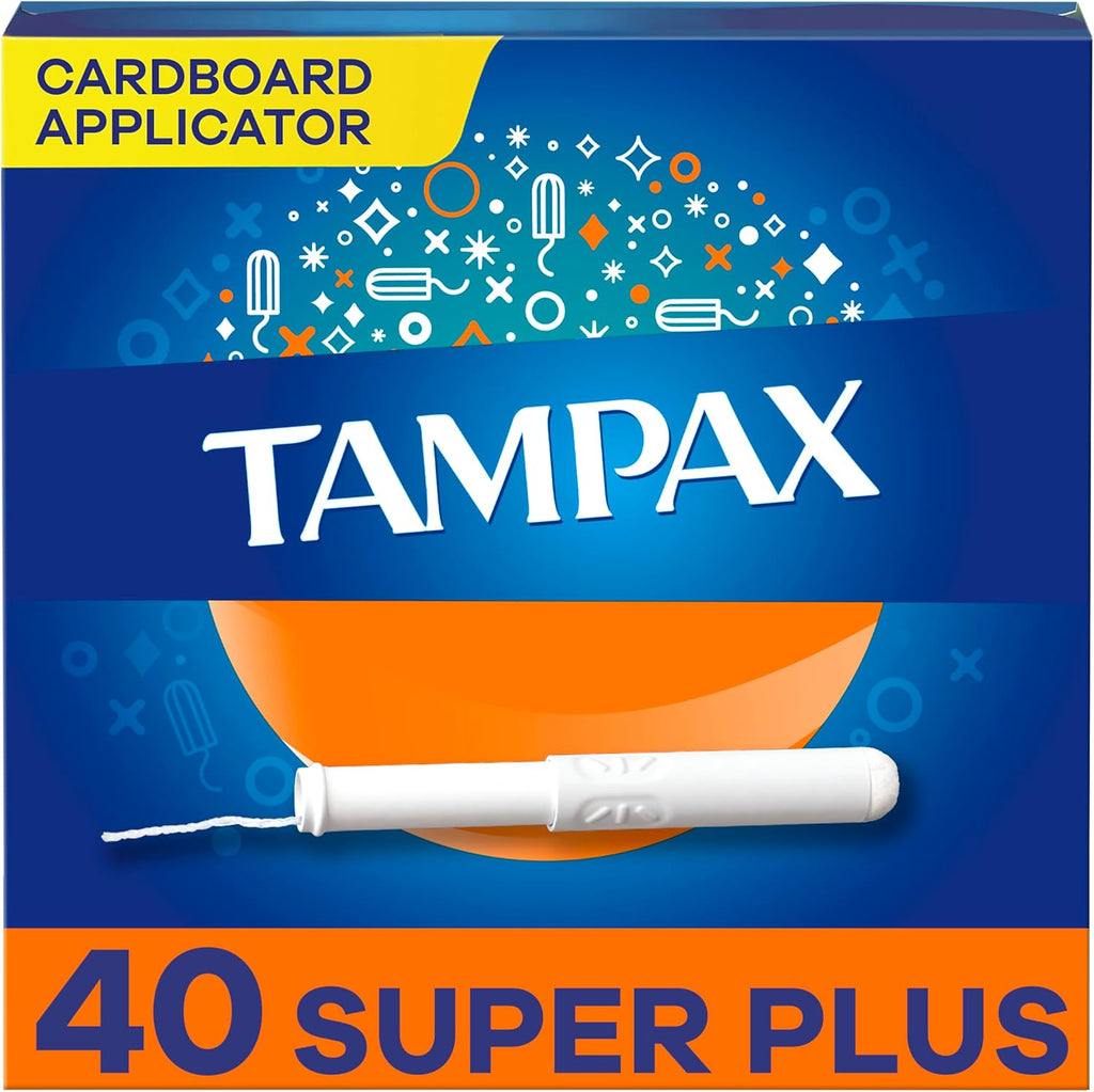 Tampax Cardboard Tampons for Women Super Plus Absorbency, Anti-Slip Grip, LeakGuard Skirt, Unscented, 40 Count