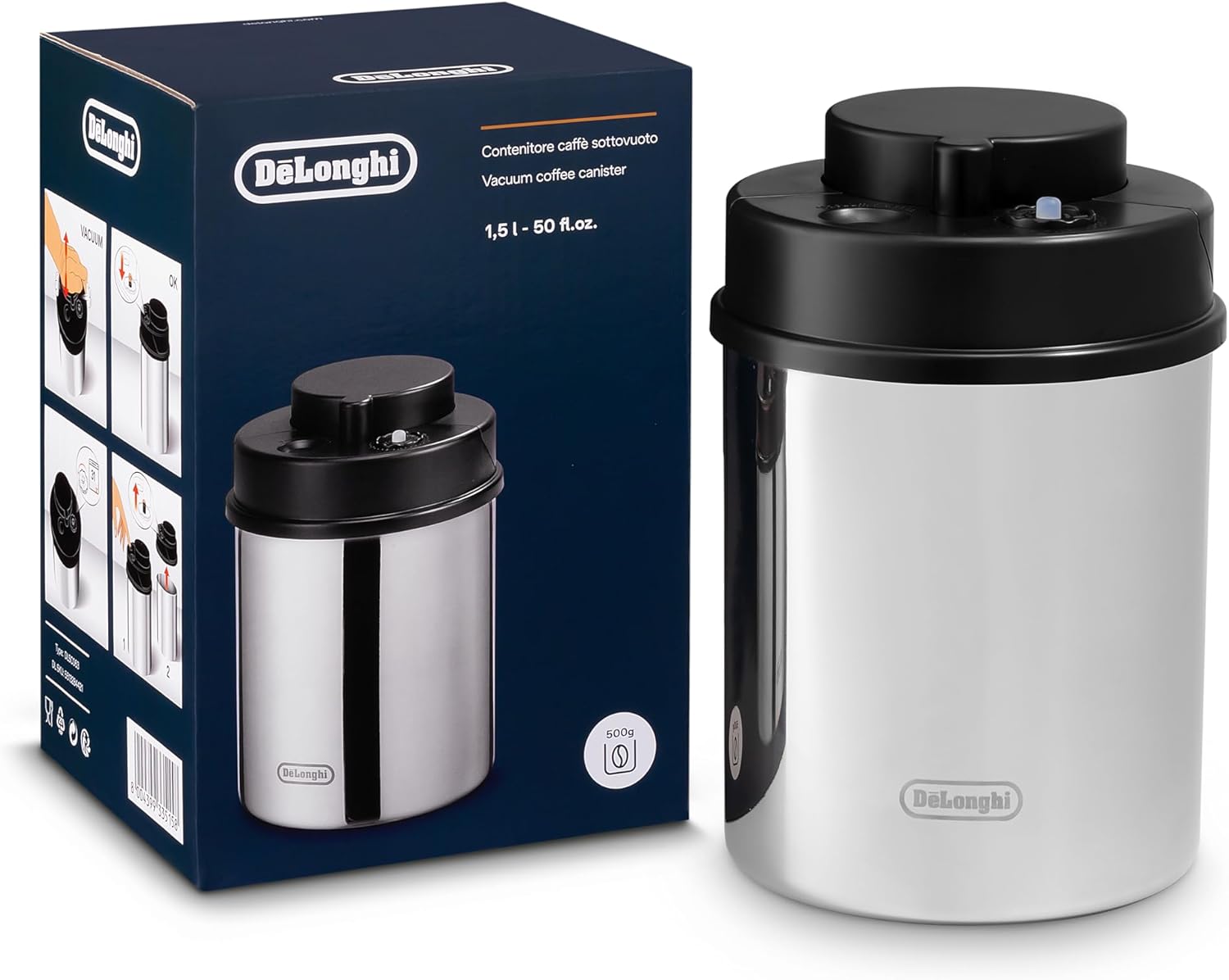 De'Longhi Coffee Canister, Vacuum Sealed Food Storage Container with Airtight Lid & Built-in Date Indicator, Polished Stainless Steel (Holds 1 LB / 500 g), DLSC063