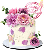 20 PCS Flower Cake Toppers Butterfly Cake Decorations Happy Birthday Cake Toppers with Pink Purple Flowers Eucalyptus Butterflies for Birthday Party Wedding Baby Shower Supplies (Pink Purple)