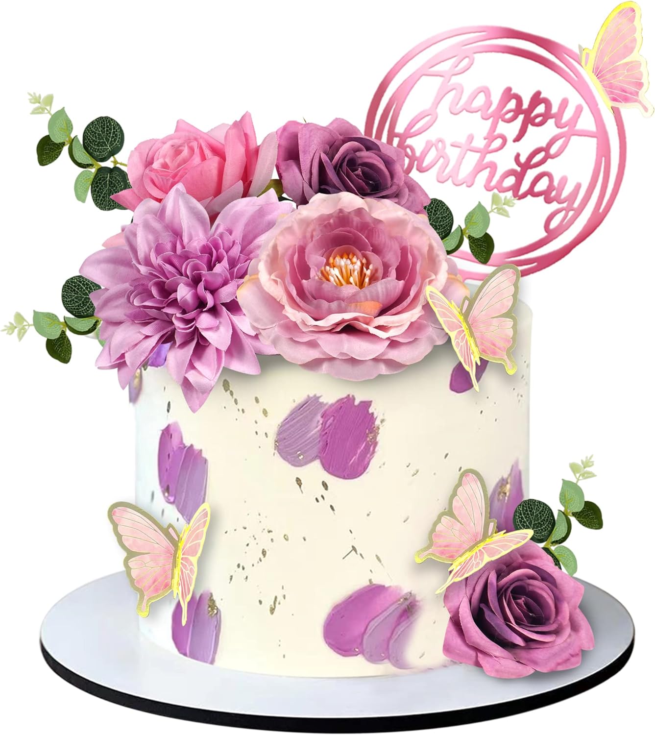 20 PCS Flower Cake Toppers Butterfly Cake Decorations Happy Birthday Cake Toppers with Pink Purple Flowers Eucalyptus Butterflies for Birthday Party Wedding Baby Shower Supplies (Pink Purple)