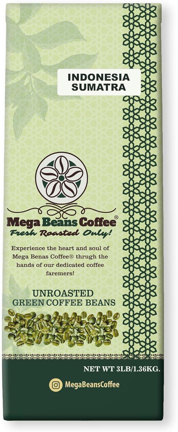 Mega Beans Coffee Indonesia Sumatra Green Coffee Beans, Unroasted Single-Origin, 3 lb Raw High-Altitude Beans for Home Roasting