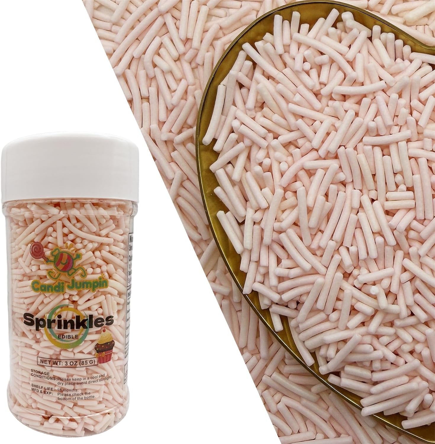 CandiJumpin Baby Pink Jimmy Sprinkles, Light Pink Sprinkles for Cake Decorating Edible Cake Jimmies Edible Crunchy Jimmies Ice Cream Toppings, Baby Shower Party Wedding Christmas Supplies 3 OZ
