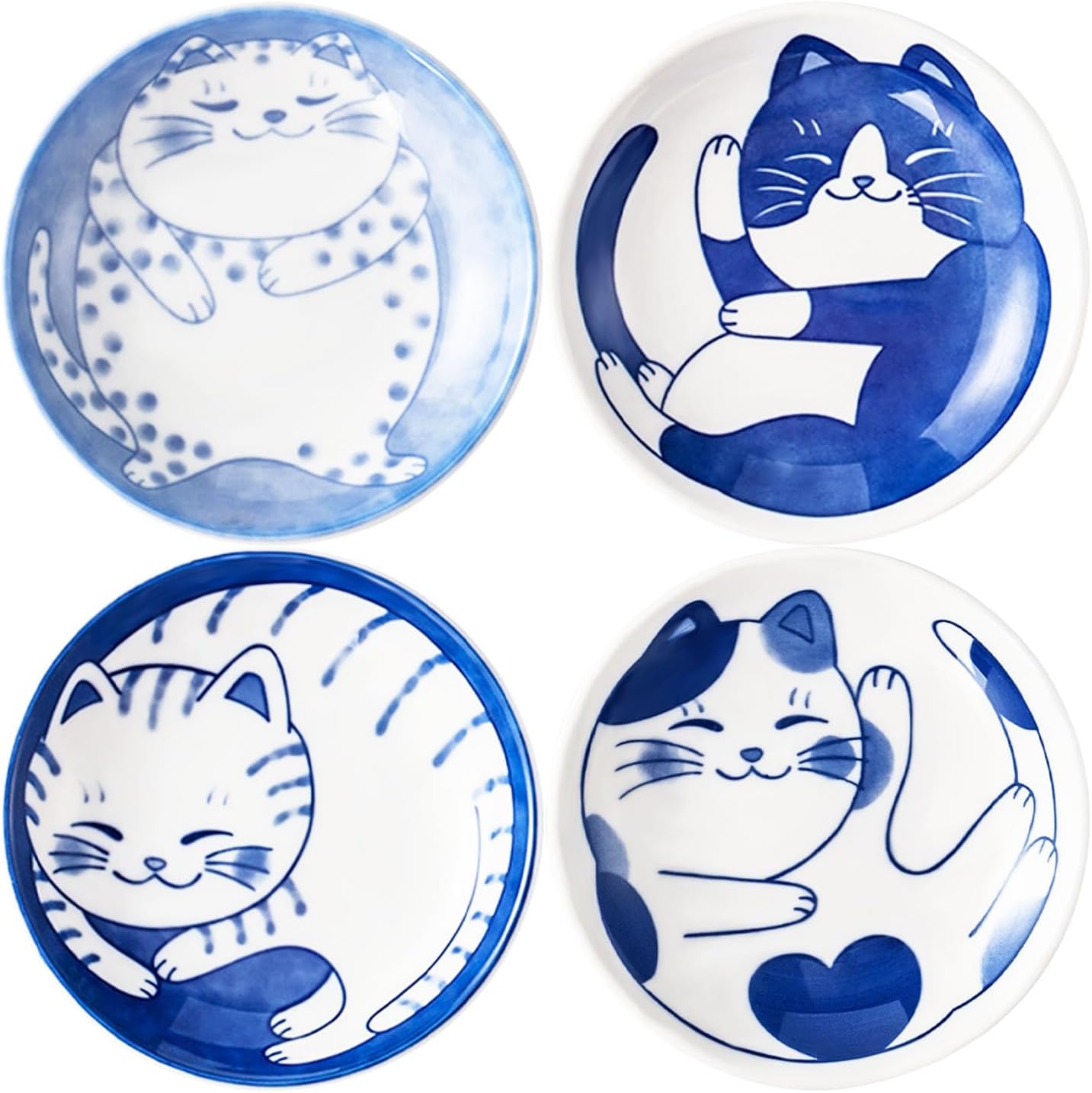 4 Pcs 4 Inches Cute Cat Soy Sauce Dish,Ceramic Cat Bowls,Japanese Cat Plates,Dipping Bowls,Snack Dish,Small Ceramic Saucers Plates, Sushi Plate Set, Mini Bowls, Small Bowls for Sides Dish (4 Inch)