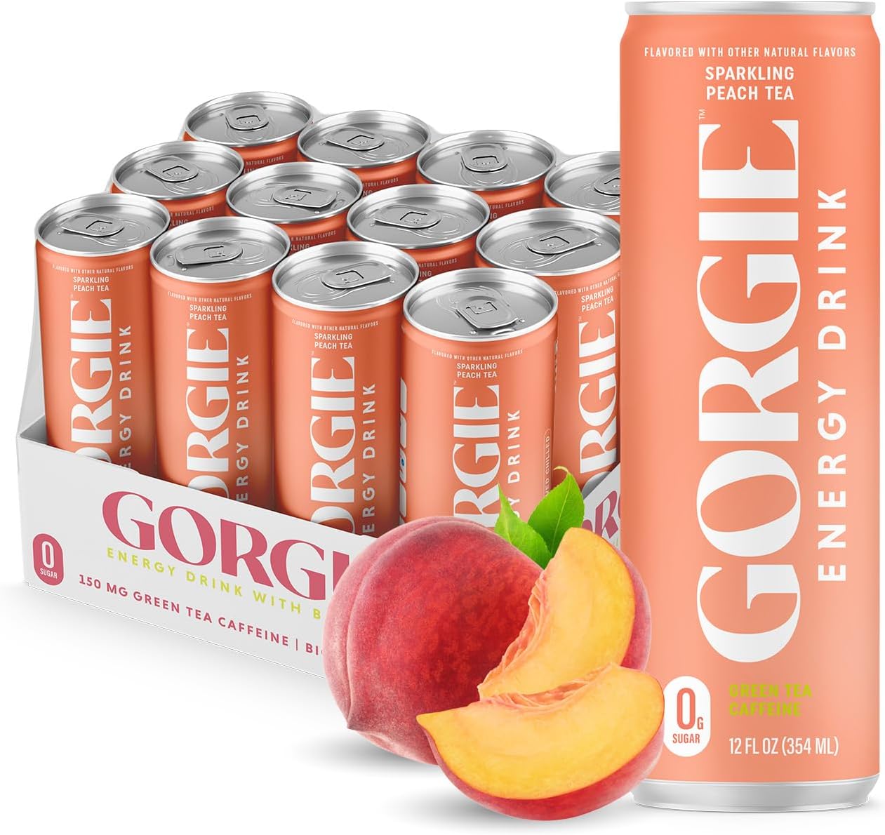 GORGIE Sugar Free Natural Energy Drinks, Peach (12 Pack) - Healthy Energy Drinks - Natural Coffee Replacement with Green Tea Caffeine and Biotin - 150mg Caffeine, Vegan, & Low Calorie