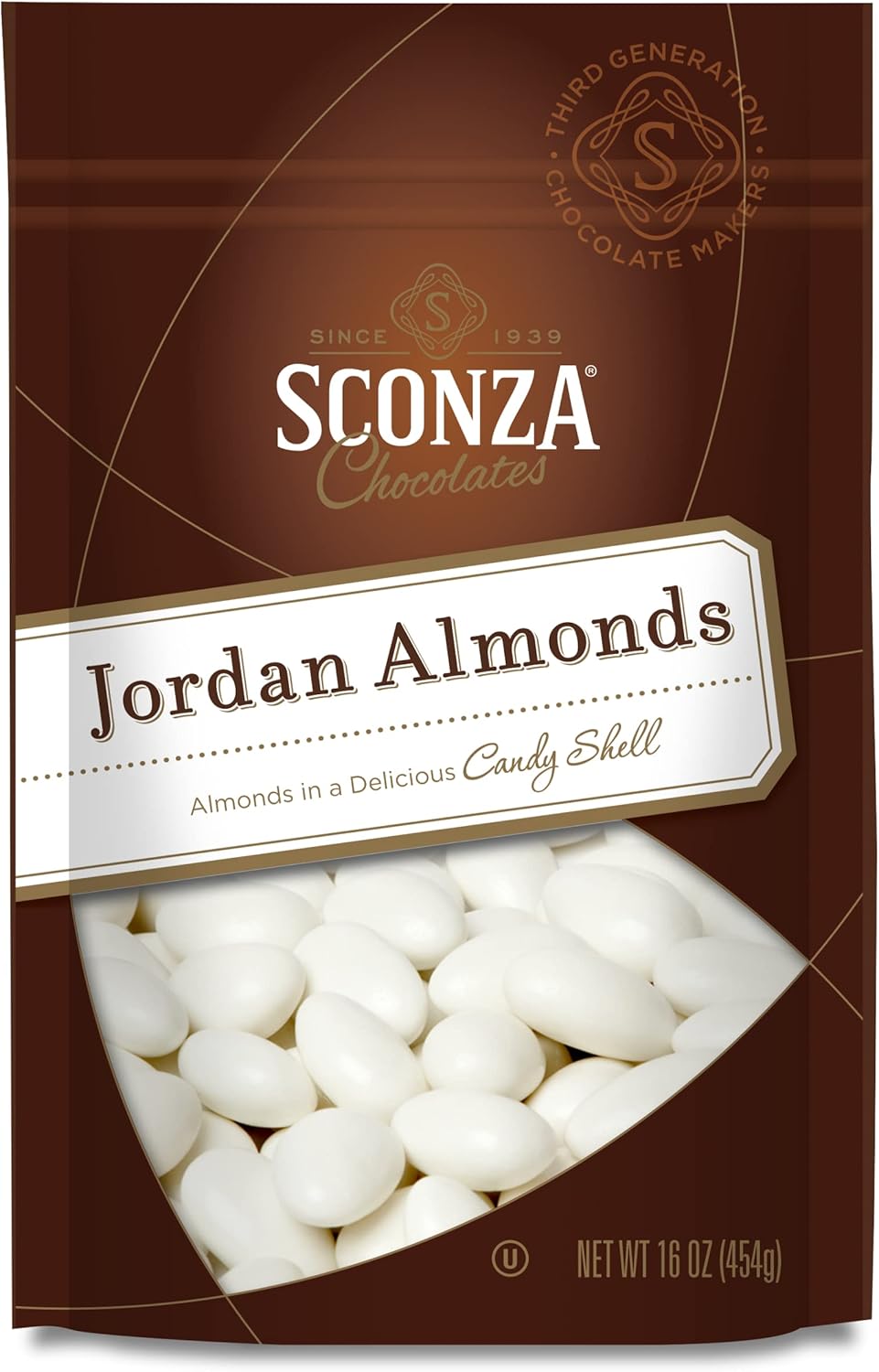 Sconza Jordan Almonds | White Candy Coated California Almonds | Wedding, Bridal and Baby Shower Snack | Made in the USA | Pack of 1 (16 Ounce)