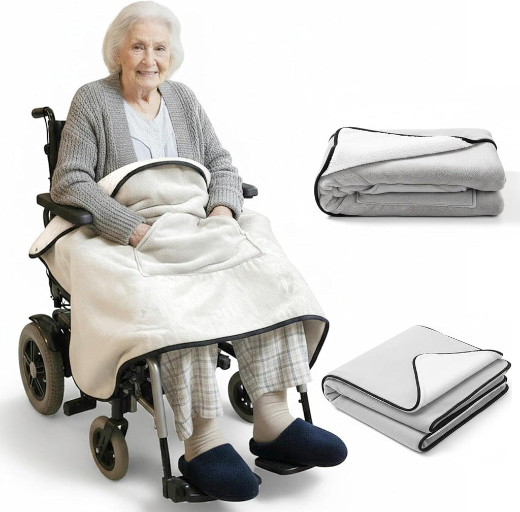 Wheelchair Lap Blanket for Seniors, 43" * 28" Soft Sherpa Lined Knee & Lap Cover, Warm Lightweight Throw with Snap Buttons, Cozy Comfort for Elderly & Caregivers, Light Gray