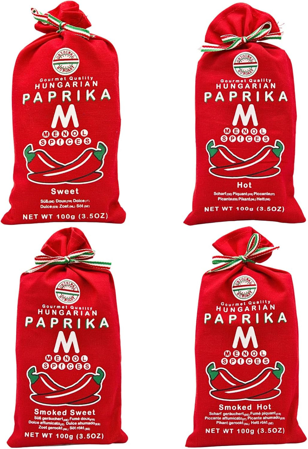 Menol Spices Authentic Hungarian Sweet Paprika Powder (Variety Pack, 4X 100g) Premium Gourmet Quality, Produced in Region of Szeged, Hungary, Vibrant Red, Incredible Flavor