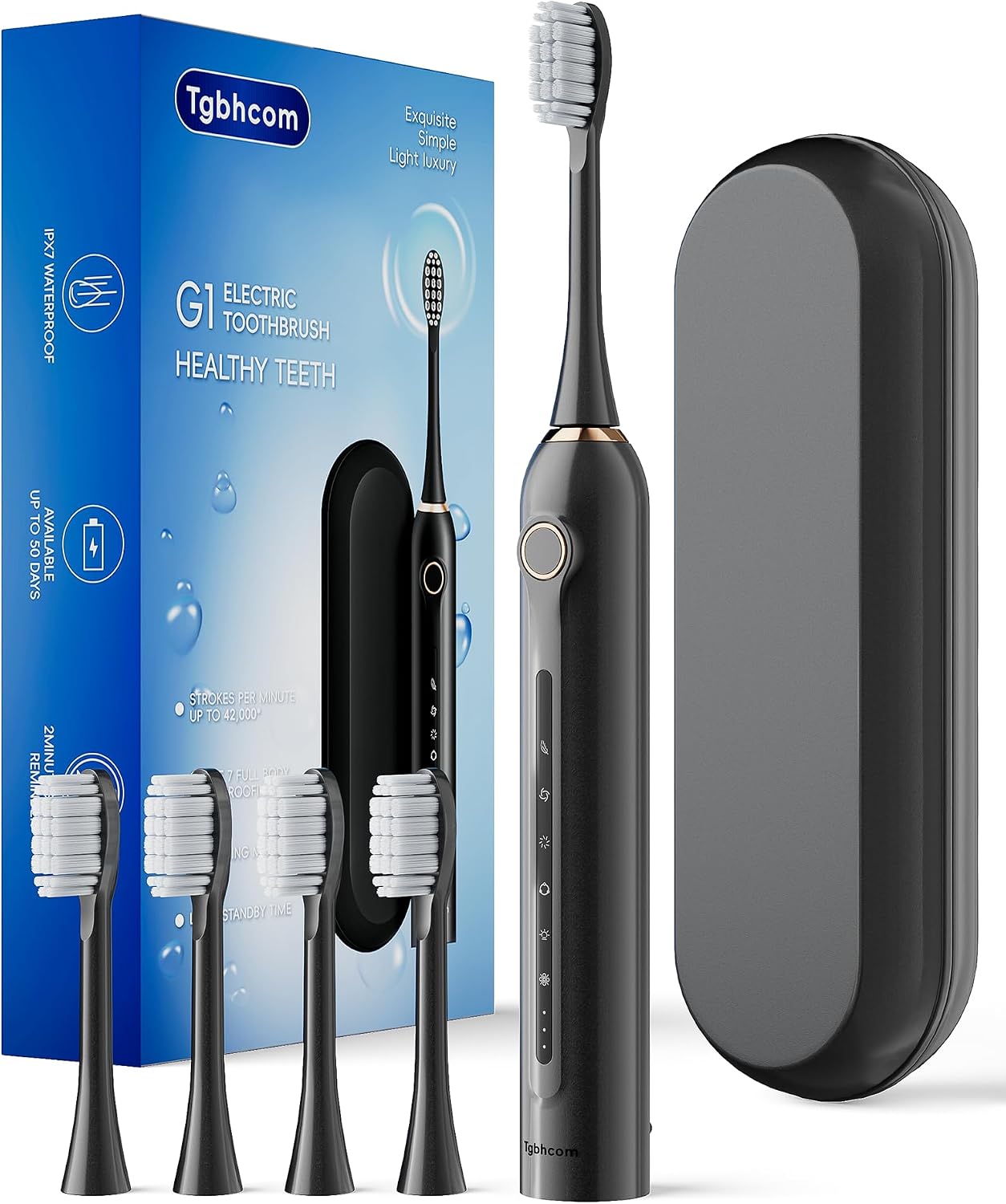 Black Electric Toothbrushes, with 4 Brush Heads, 1 Travel Toothbrush Case, for Adults and Kid Electric Toothbrush, Long 180-Day Battery Life, 6 Modes, IPX7 Waterproof, Smart 2-Minute Timer.