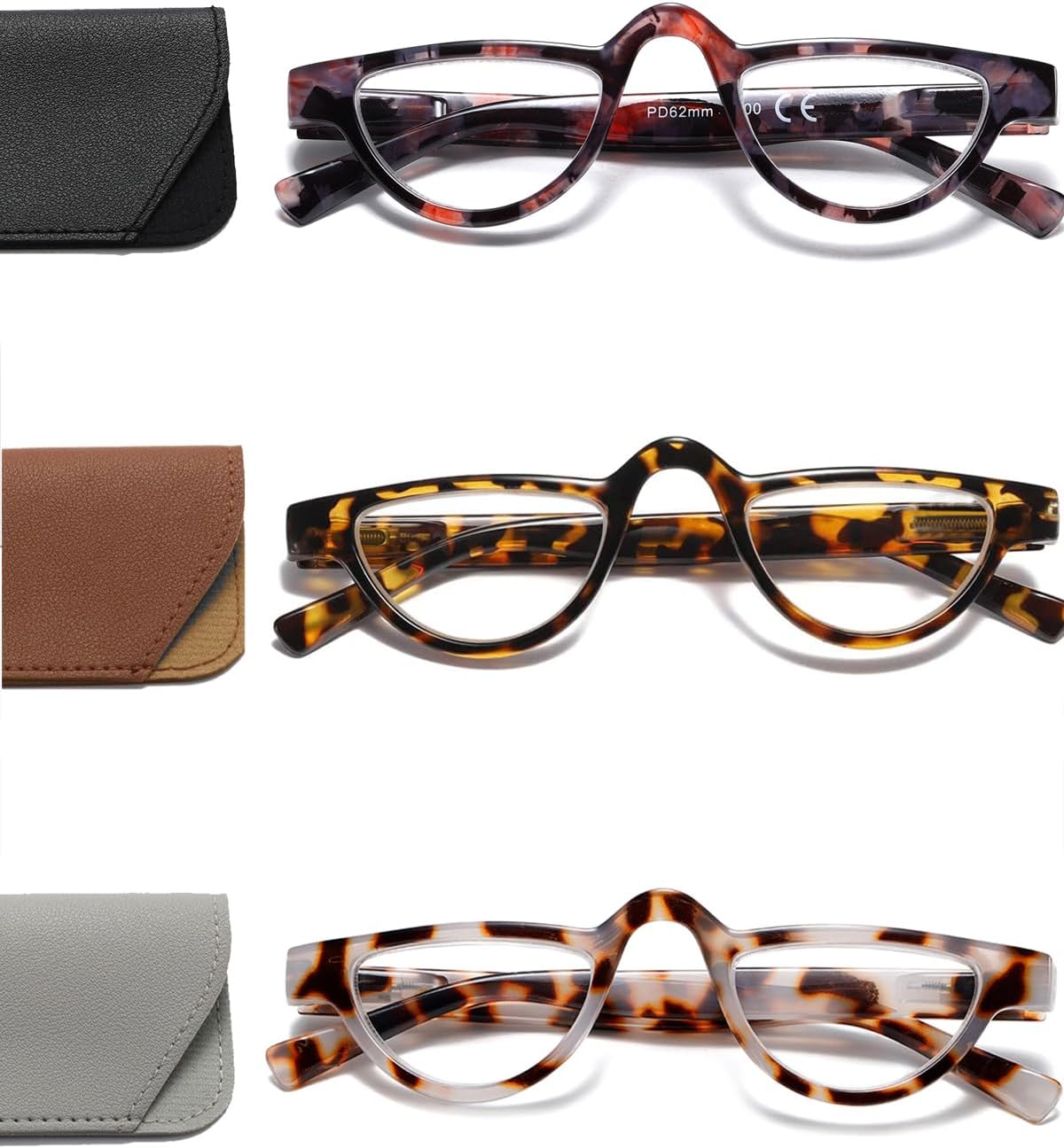 Hubeye 3 Pairs Plastic Retro Half Moon Frame Reading Glasses Lightweight Spring Hinge Women and Men Reader Broken flower/leopard print/white tortoiseshell +1.75