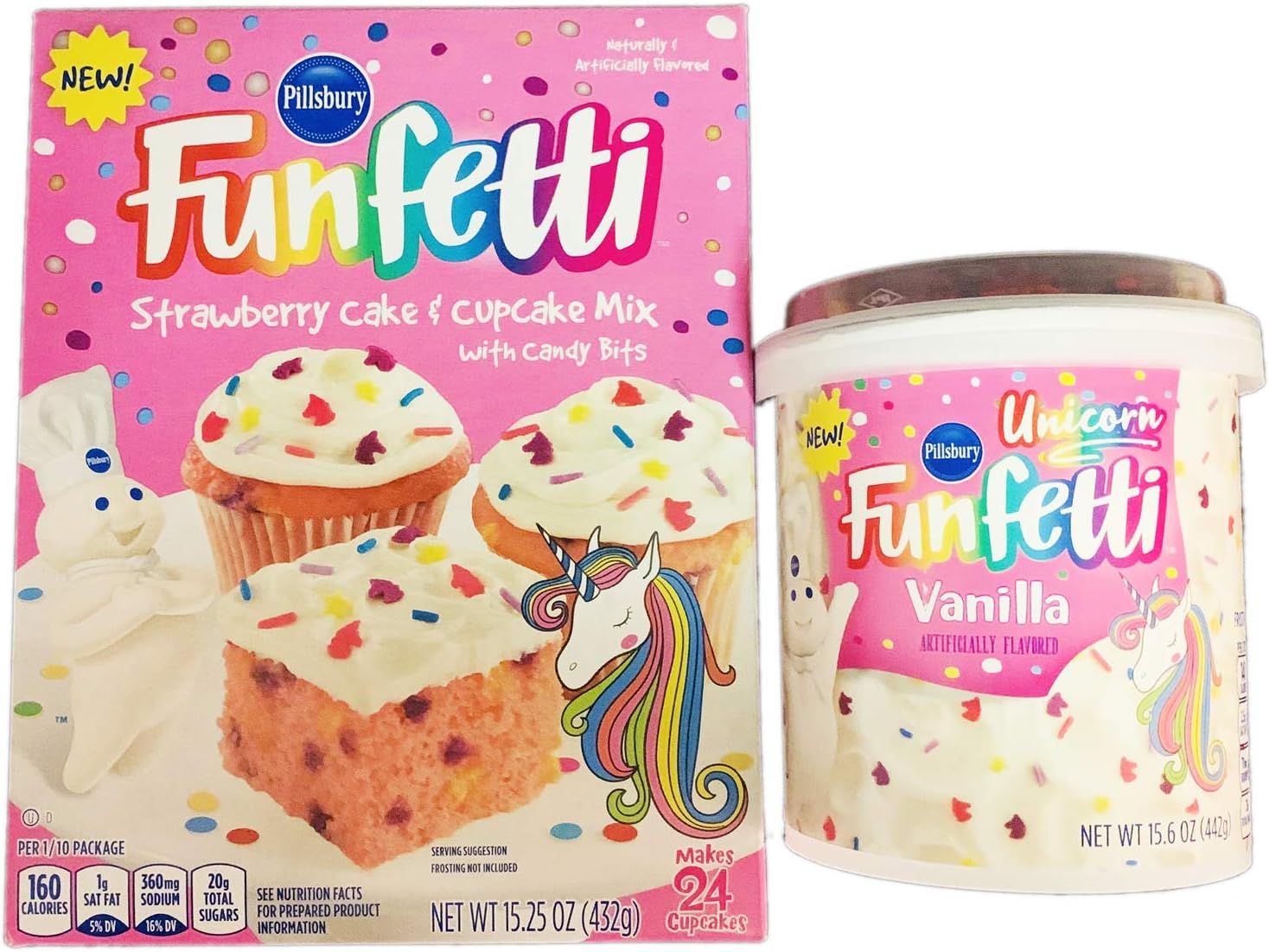 Pillsbury Unicorn Funfetti Cake Mix Kit! Strawberry Cake and Cupcake Mix with Candy Bits and Vanilla Frosting! Unicorn Cake and Cupcake with Vanilla Toppings! Perfect For Holiday, Birthday And Party!