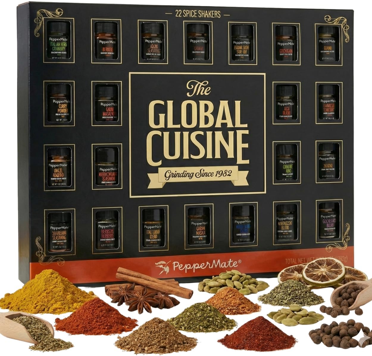 Spice Gift Set with 22 Gourmet Exotic Seasonings from Around the World – Italian, Indian, Mexican, Moroccan & More – Non-GMO, MSG-Free, All-Natural, Small Batch Herb & Spice Cooking Gifts by PepperMate