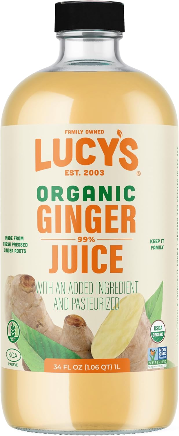 Lucy’s Family Owned - PERUVIAN Organic 99% Pure Ginger Juice, 34 oz. Glass Bottle (Fresh Pressed and Pasteurized)