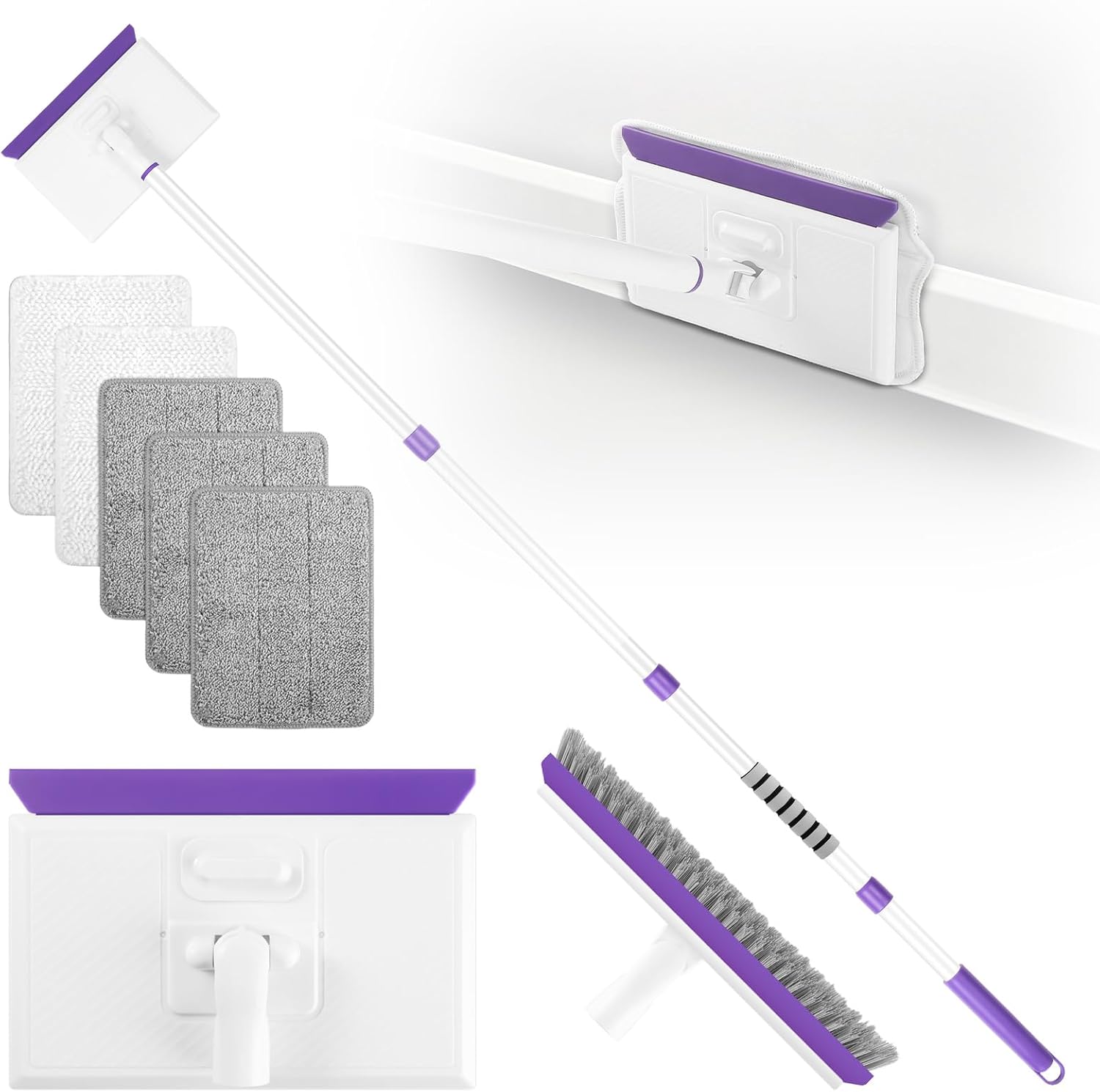 wlich Baseboard Cleaner Tool with Handle 2.0, 60" Extendable Long Handle, Dust Trapping and Locking, 5 Reusable Pads, Purple Base Boards Cleaning Tool for Moldings, Wall, Floor, Bathroom, Kitchen