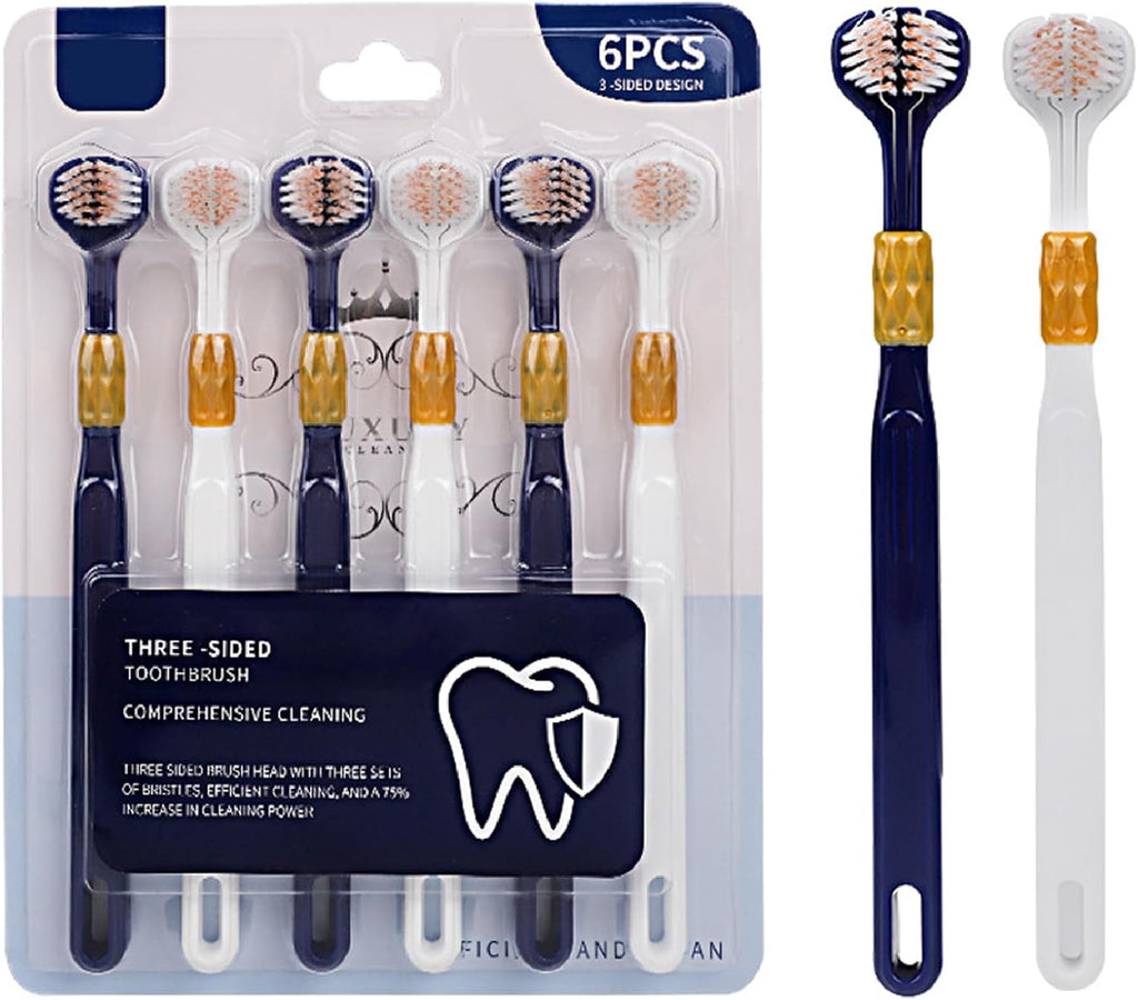 6 Pcs 3-Sided Toothbrush,Adult Toothbrushes,Soft Brushed 3-Sided Cleaning Toothbrush (Dark Blue-White)