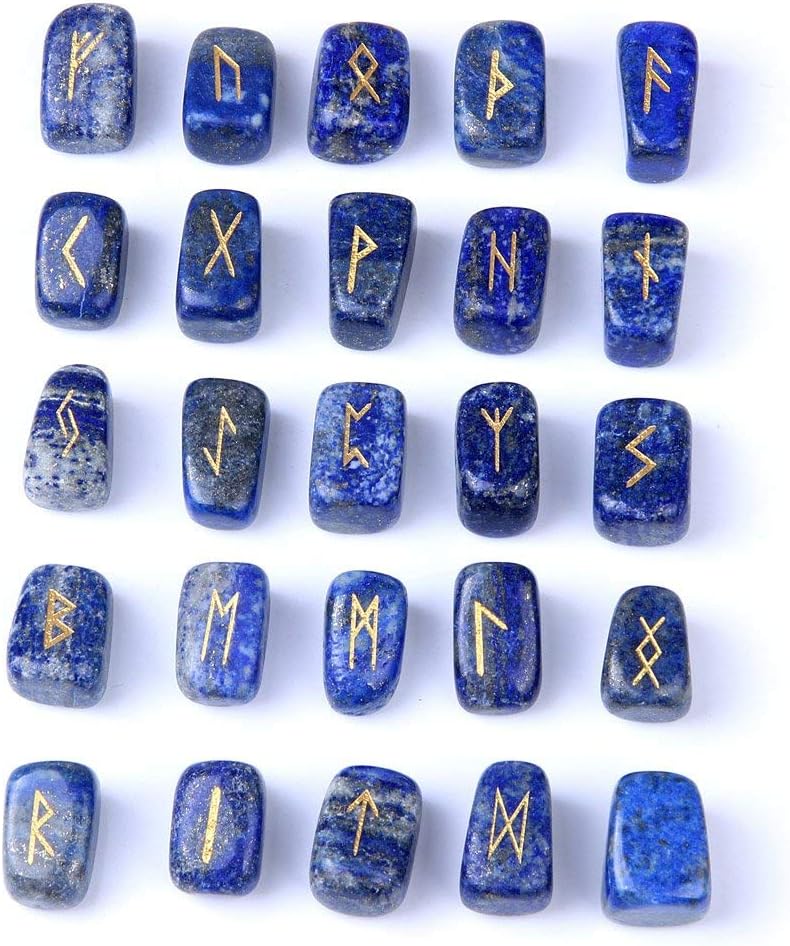 Lapis Lazuli Stone Rune Set Tumbled Engraved Lettering Crystal Set for Wicca Reiki Crystal Healing