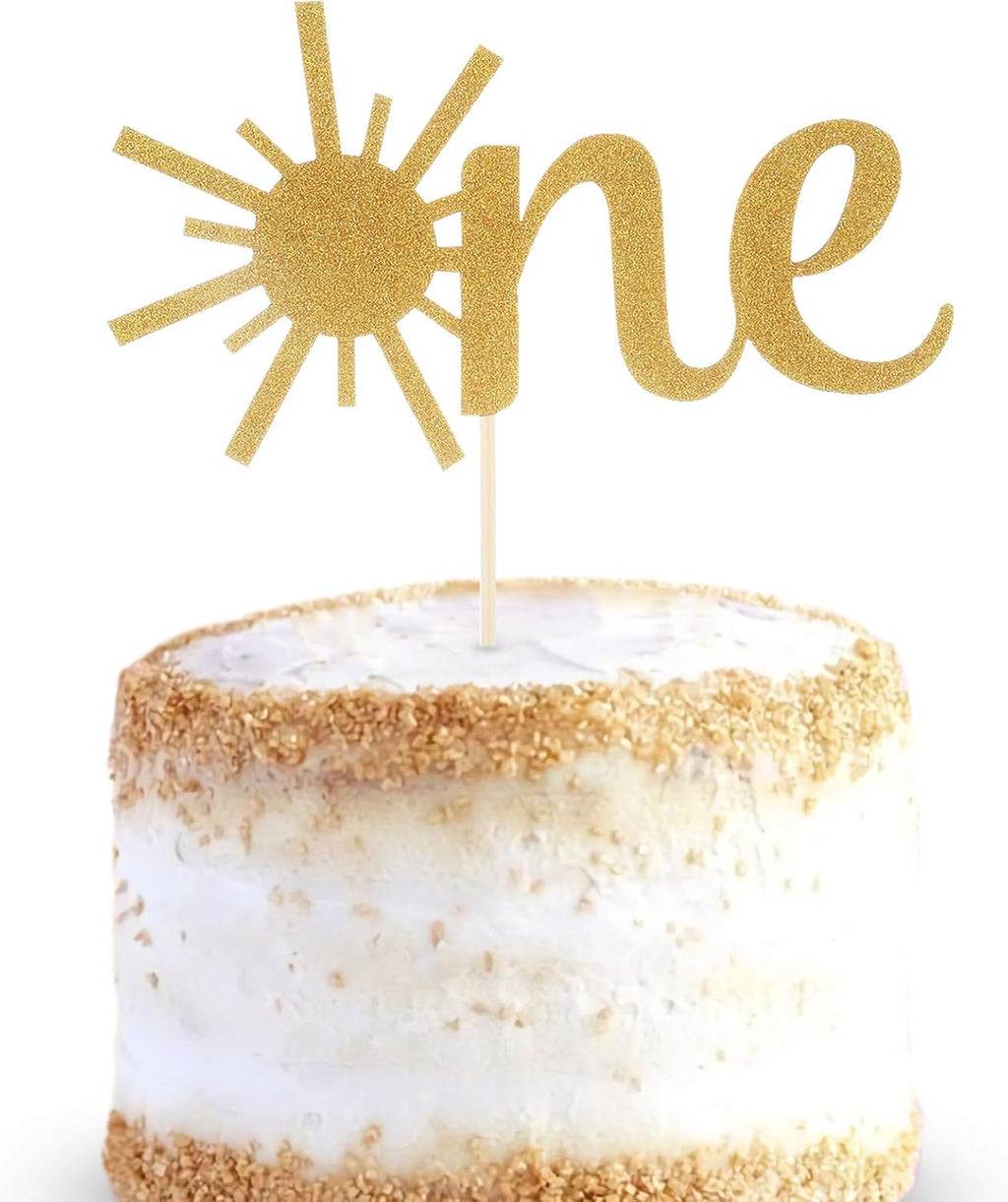 Cake Topper for Baby 1st Birthday - Gold Glitter Sunshine First Anniversary Shower Topper, Single-sided Sun ONE Birthday Cake Smash Topper For Photo Booth Props, Party Cake Decorating Supplies
