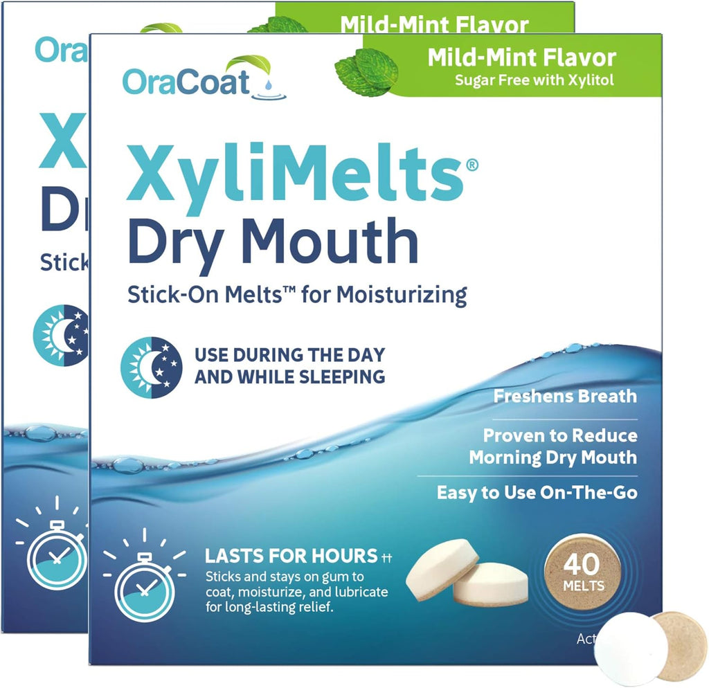Oracoat XyliMelts for Dry Mouth Night Time or Day - Moisturizing Dry Mouth Adhering Discs, Sugar Free with Xylitol, 80 Count (2 X 40 Twin Pack), Mild Mint Flavor, 8-Hour Relief