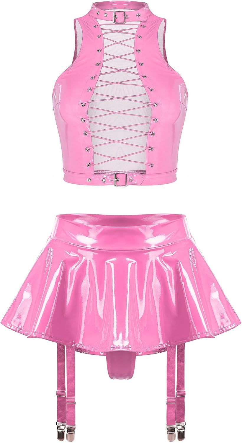 TiaoBug Women's Two Piece Glossy Latex Lingerie Set Front Cutout Crop Top and Flared Mini Skirt
