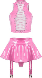 TiaoBug Women's Two Piece Glossy Latex Lingerie Set Front Cutout Crop Top and Flared Mini Skirt