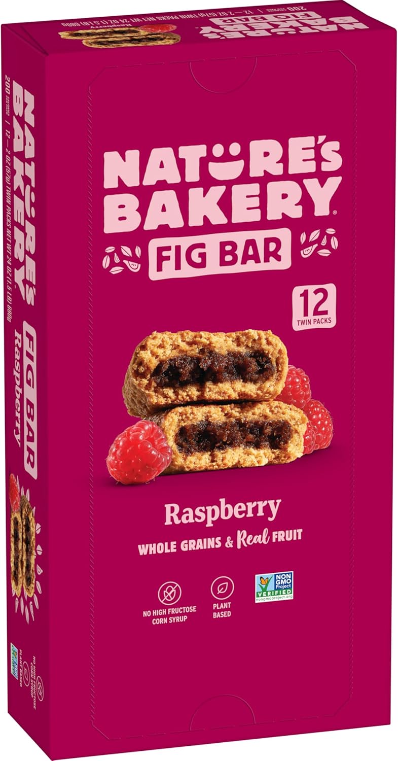 Nature’s Bakery Whole Wheat Fig Bars, Raspberry, Real Fruit, Vegan, Non-GMO, Snack bar, 1 box with 12 twin packs (12 twin packs)