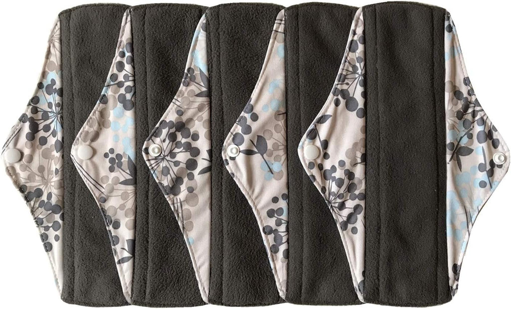 5 Pieces Charcoal Bamboo Mama Cloth/Menstrual Pads/Reusable Sanitary Pads (Silver, Regular (10 inch))