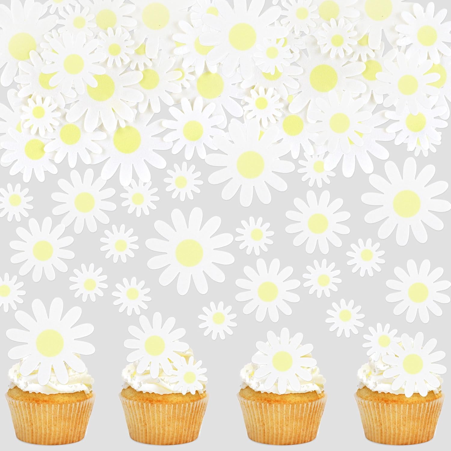60Pcs Edible Daisy Cupcake Toppers - Daisy Flower Cake Decorations for Birthday Party, Baby Shower, Anniversary & Spring Theme Supplies