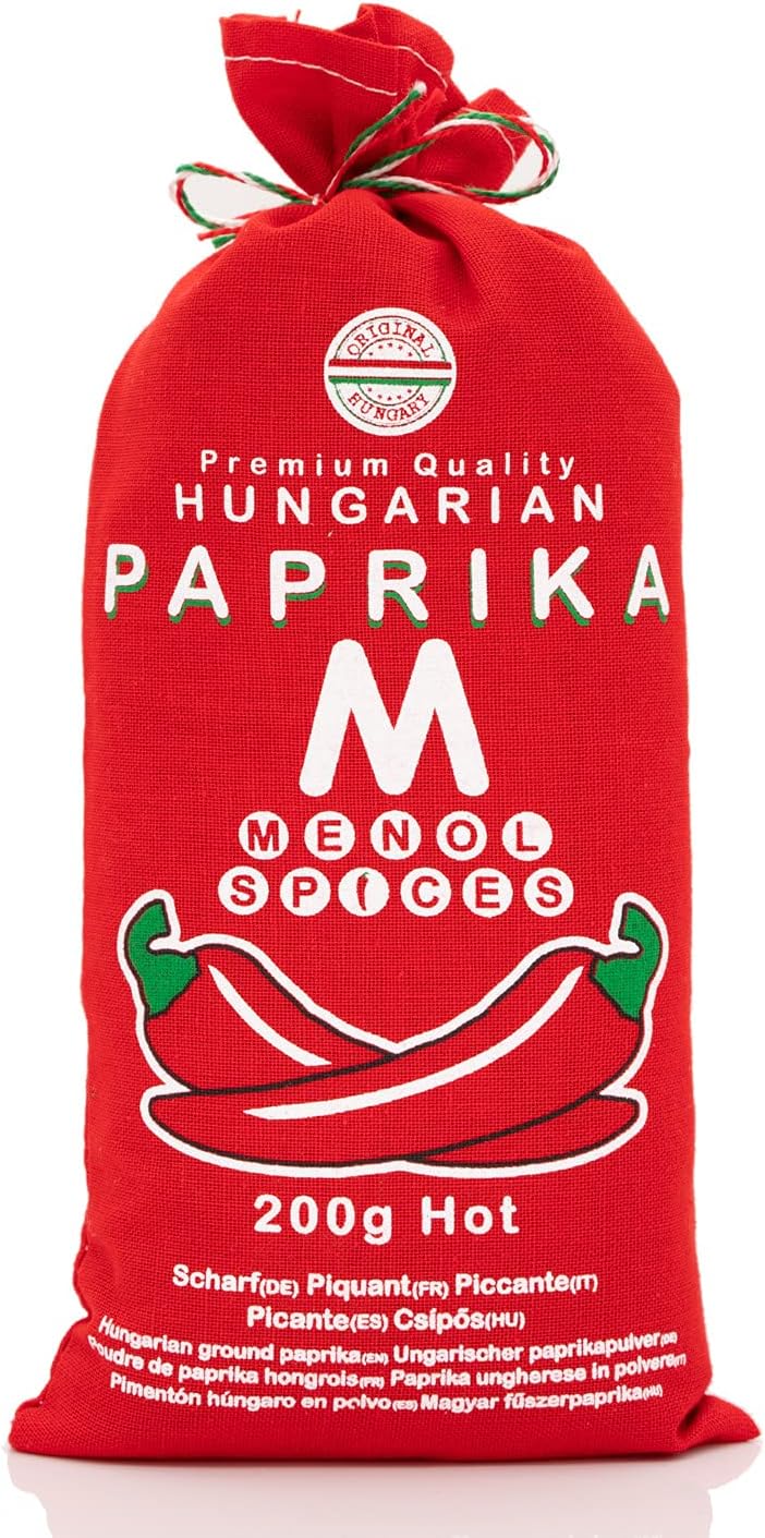 Menol Spices Authentic Hungarian Hot Paprika Powder (Hot, 7oz / 200g) Very Spicy Gourmet Quality, Produced in region of Szeged, Hungary, Incredible Flavor, Freshly ground