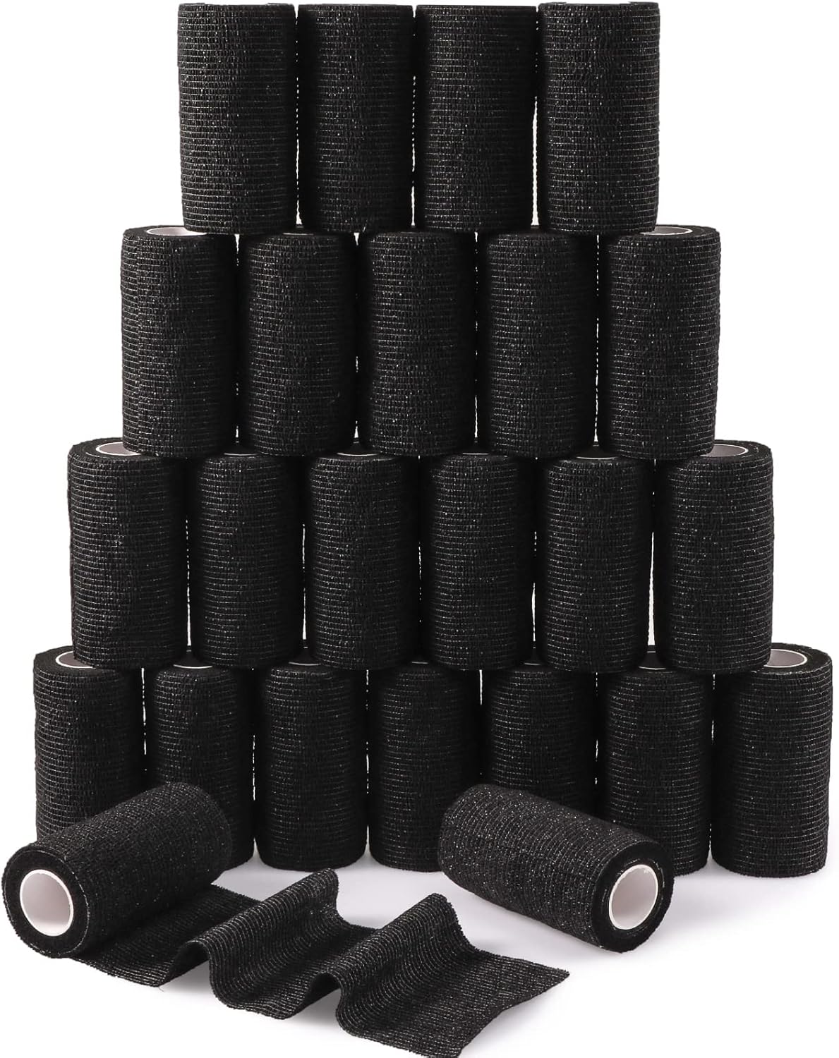 24 Pack Self Adherent Cohesive Bandage Wrap, 4” x 5 Yards Elastic Grip Tape Black Vet Wrap for Dogs, Athletic Bandages Wrap for First Aid Medical, Sports, Ankle, Wrist Sprains