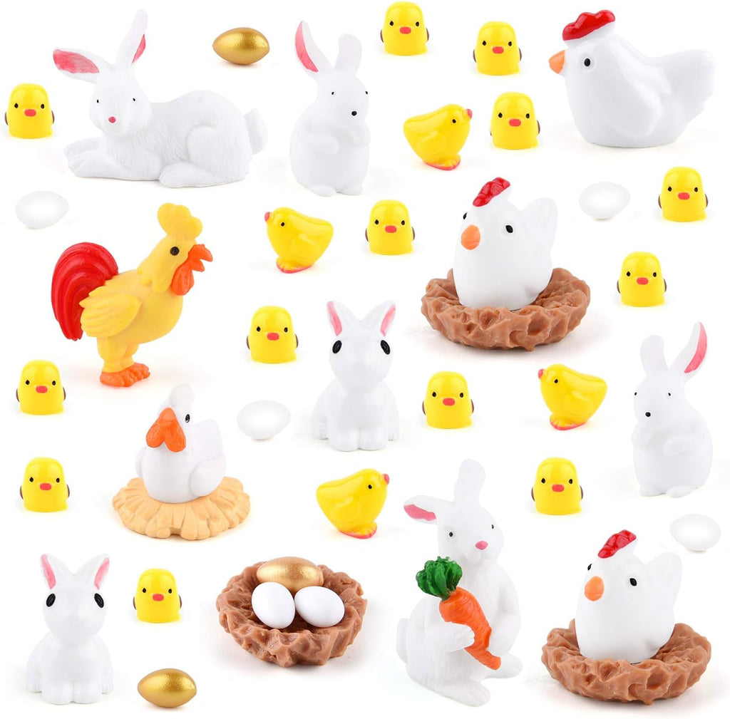 TUPARKA 40Pcs Animals Miniature Figurines, Easter Rabbit, Chicken, Egg, Chicken Nest Ornaments for Fairy Garden, Cake, Cupcake Toppers, Easter Party Decoration