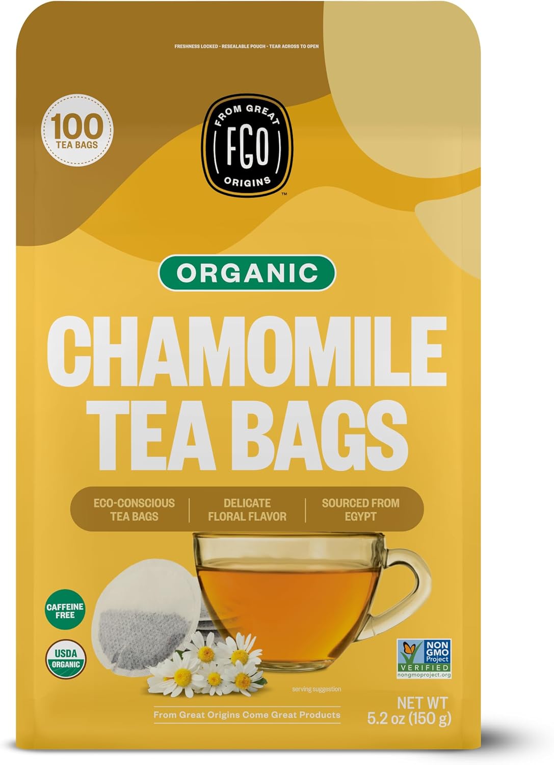 FGO Organic Chamomile Tea, 100 Eco-Conscious Tea Bags, Caffeine Free, Resealable Bag, Packaging May Vary (Pack of 1)