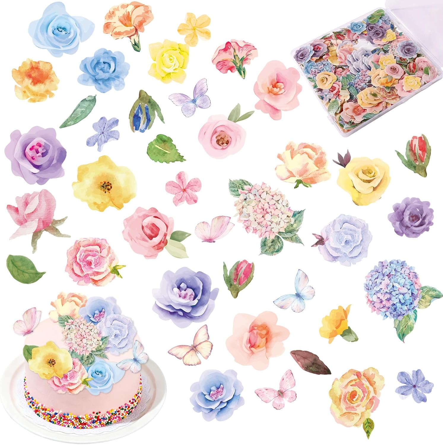 280pcs Edible Cake Toppers, Glutinous Rice Paper Edible Butterfly and Flower Mixed Colour Cake Cupcake Decorations Suitable for Birthday Party Celebration DIY Project Wedding